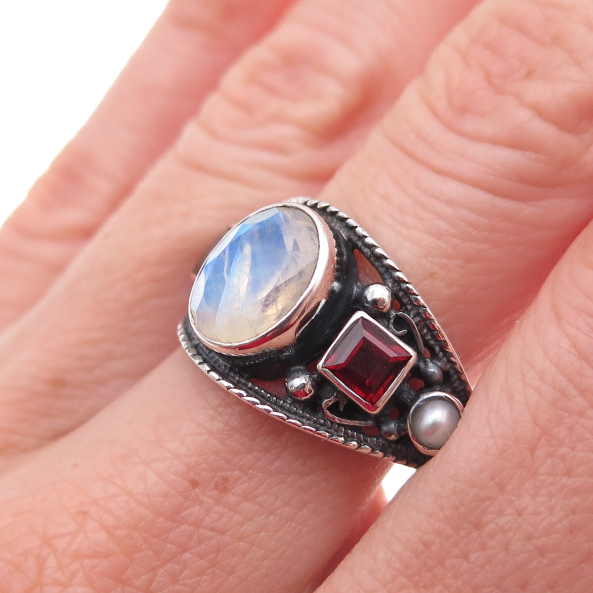 Nicky Butler 925 Sterling Silver Vintage Real Moonstone Garnet Pearl Ring Size 7