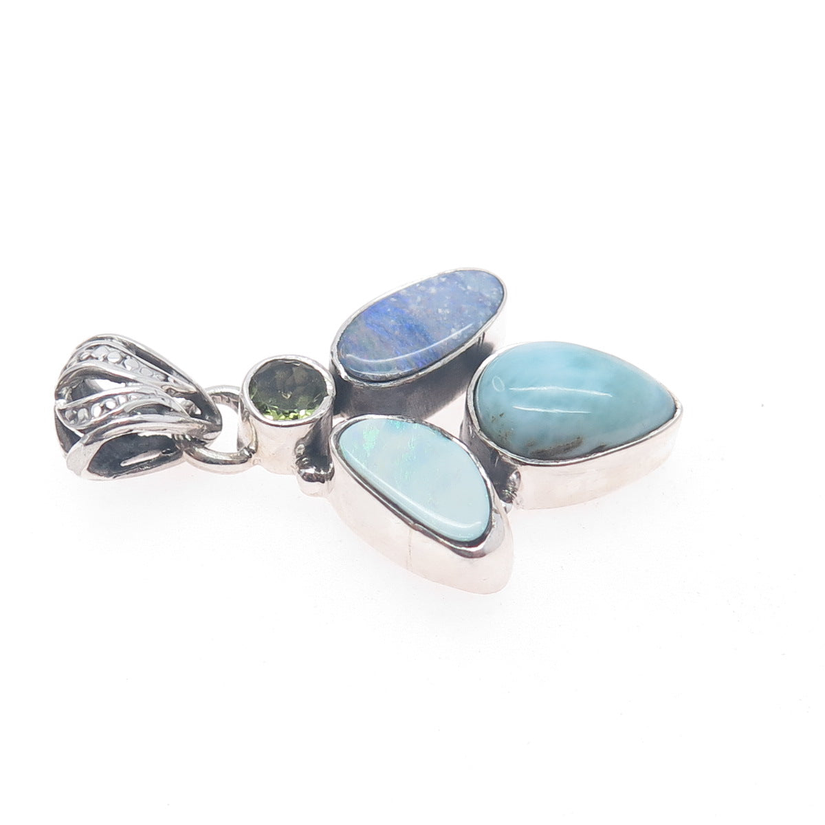 925 Sterling Silver Vintage Real Larimar Opal & Peridot Modernist Charm Pendant
