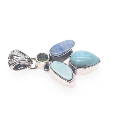 925 Sterling Silver Vintage Real Larimar Opal & Peridot Modernist Charm Pendant