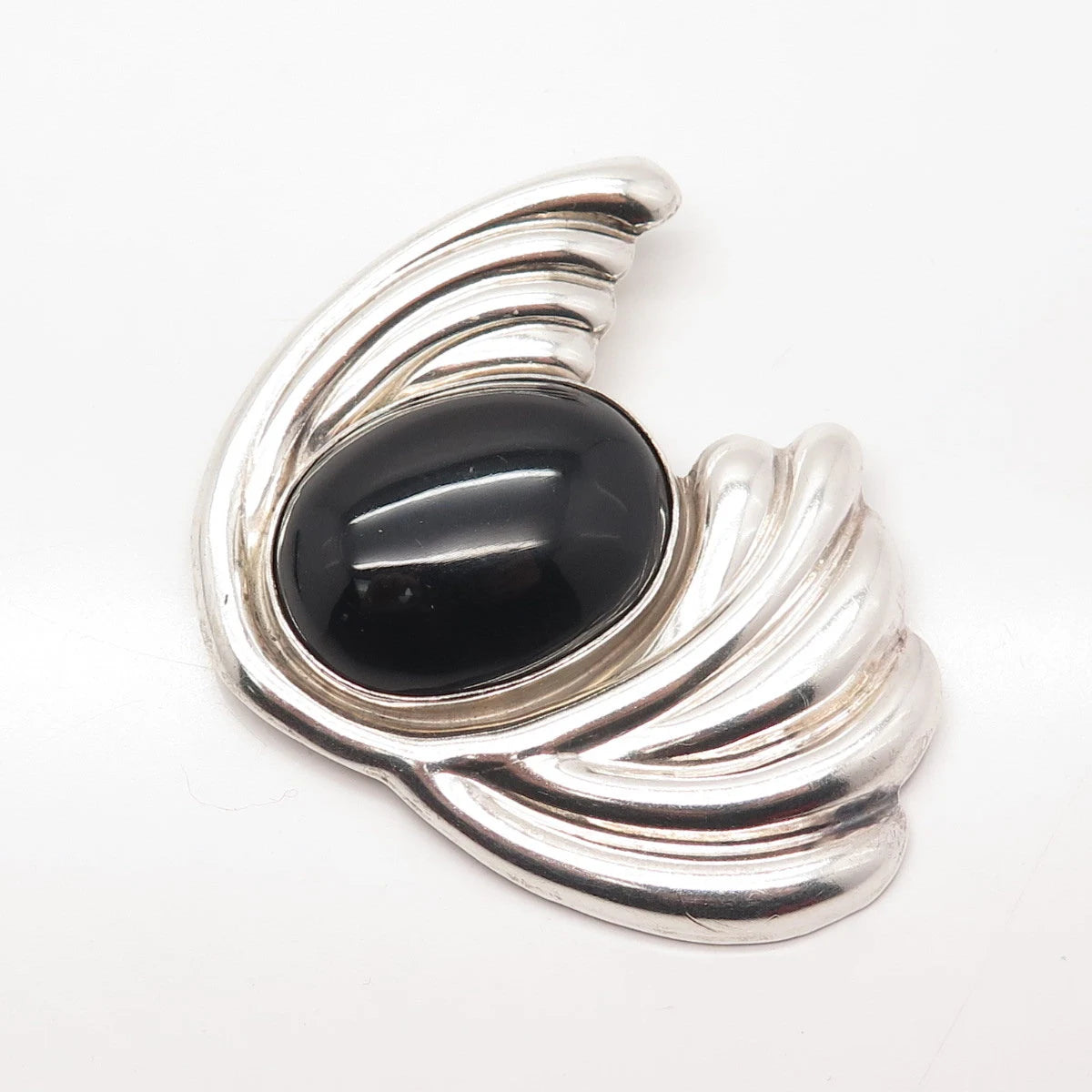 925 Sterling Silver Vintage Mexico Real Black Gem Ribbed Modernist Pin Brooch