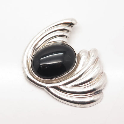 925 Sterling Silver Vintage Mexico Real Black Gem Ribbed Modernist Pin Brooch