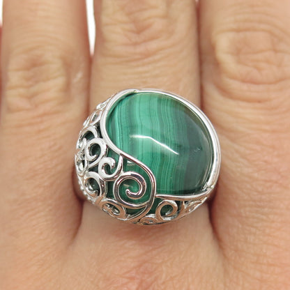 925 Sterling Silver Real Malachite Gemstone Ornate Ring Size 10