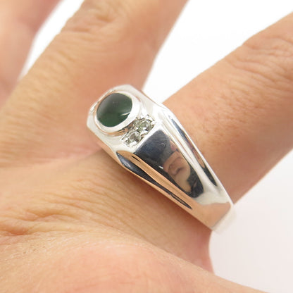 925 Sterling Silver Real White Topaz Gemstone & Green Enamel Ring Size 10