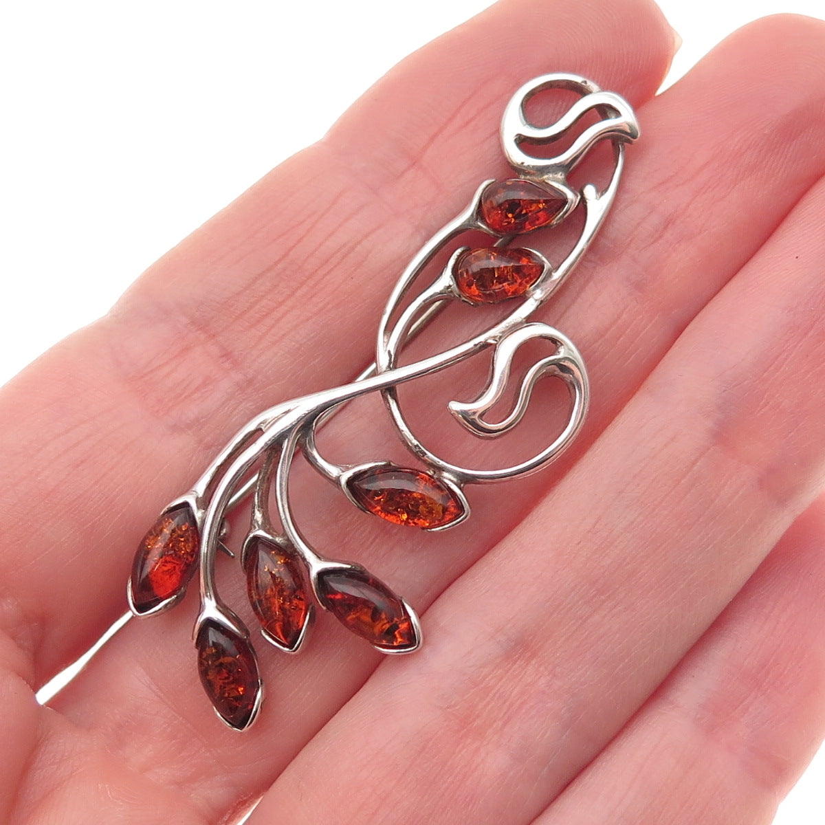 925 Sterling Silver Vintage Real Amber Modernist Floral Oxidized Pin Brooch
