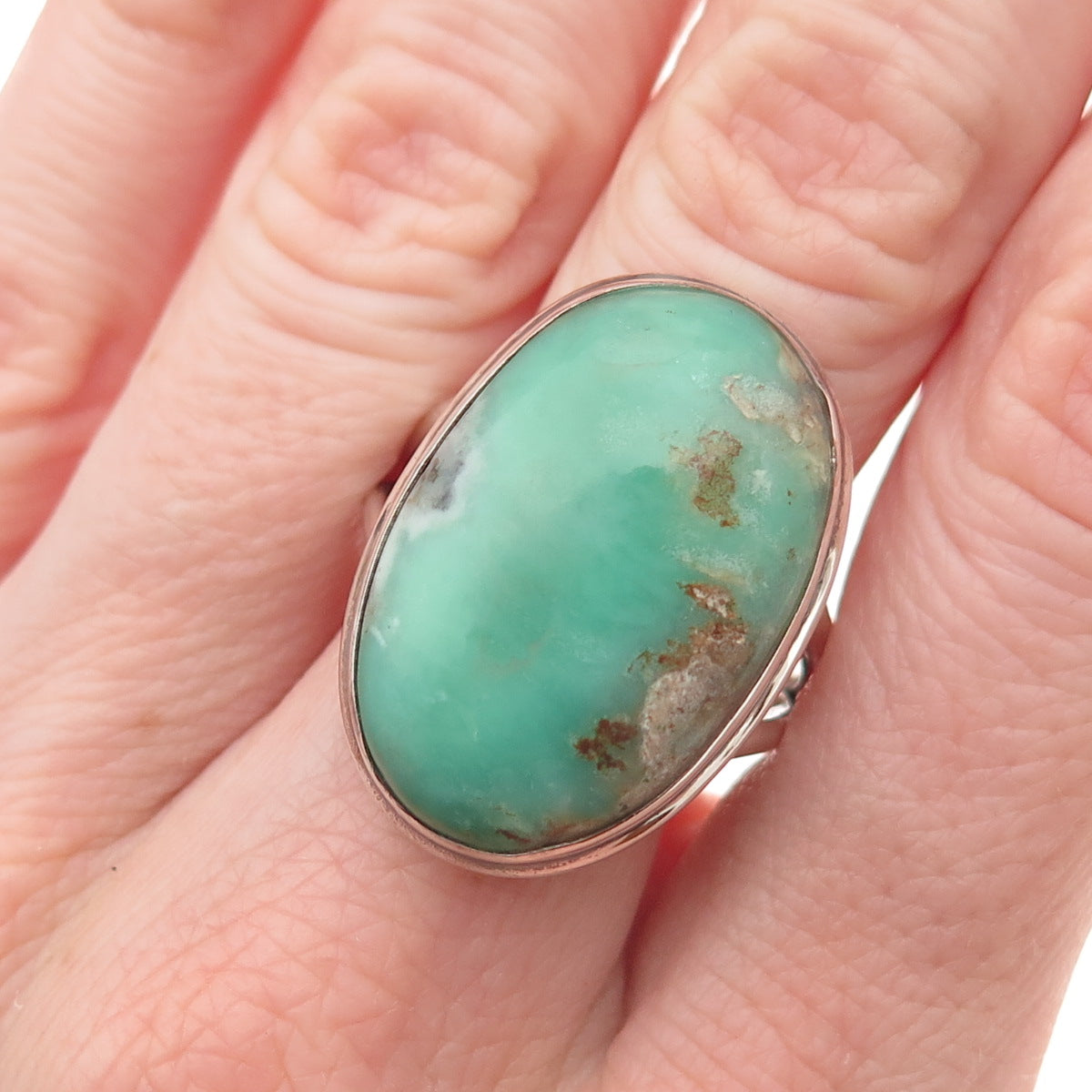925 Sterling Silver Vintage Real Cabochon Chrysoprase Ring Size 9.5