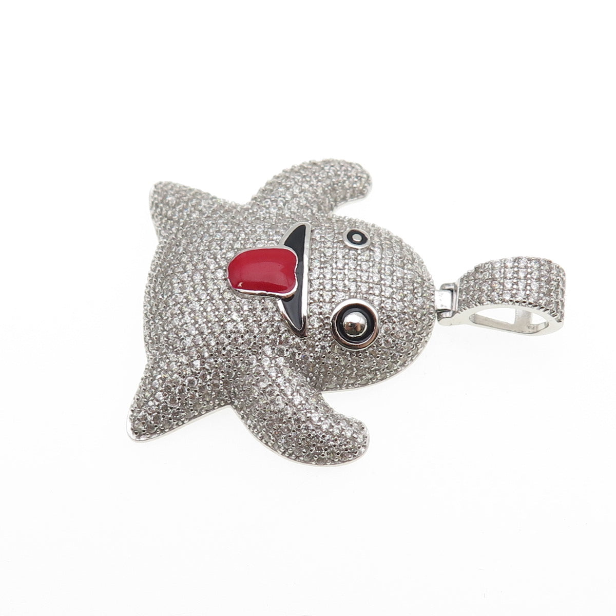 925 Sterling Silver Enamel Round-Cut C Z Ghost Emoji Charm Pendant