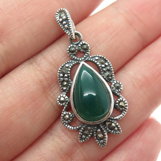 925 Sterling Silver Vintage Real Green Onyx & Marcasite Art Deco Style Pendant