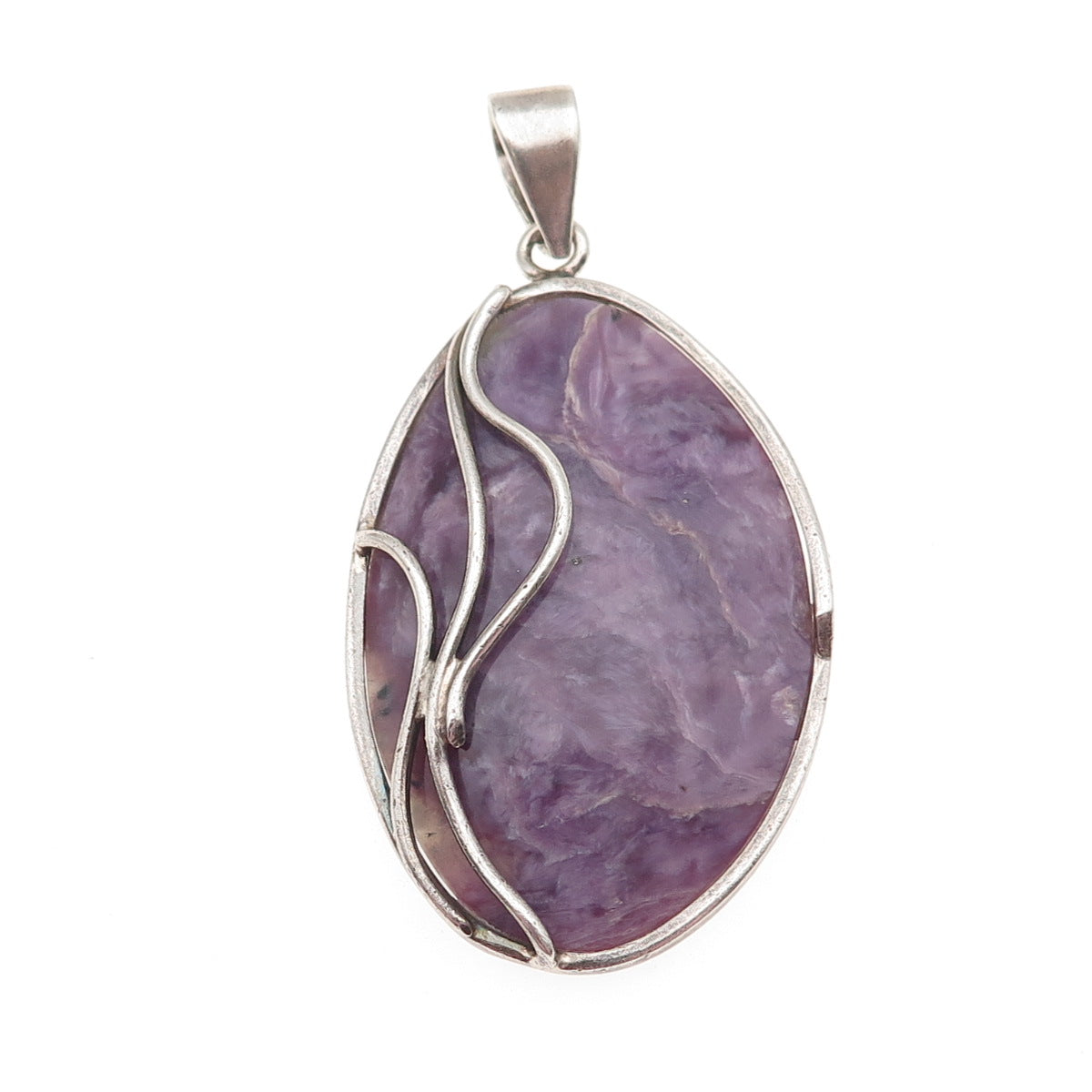 925 Sterling Silver Vintage Real Charoite Modernist Large Pendant