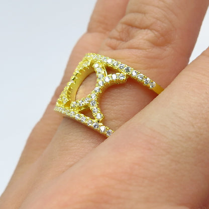 925 Sterling Silver Gold Plated C Z Wide Band Ring Size 6.25