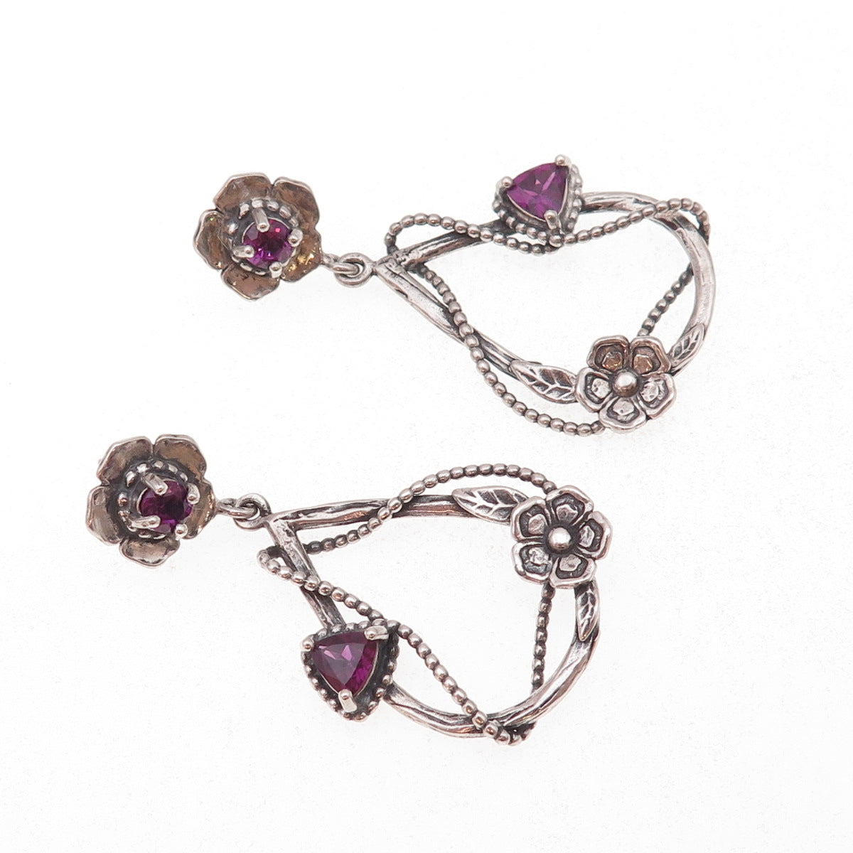 Or Paz PZ Sterling Silver Vintage Israel Real Amethyst Floral Teardrop Earrings