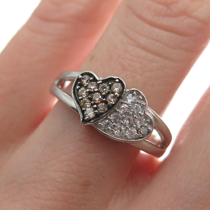 925 Sterling Silver Vintage White Champagne C Z Couple of Hearts Ring Size 7.25