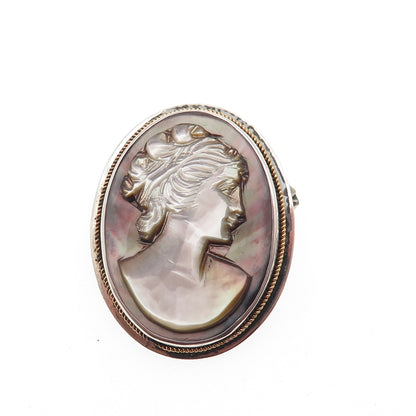 925 Sterling 2-Tone Vintage Real Abalone Shell Lady Cameo Pin Brooch / Pendant
