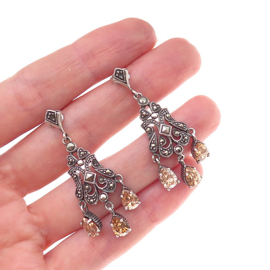925 Sterling Vintage Quartz & Marcasite Chandelier Earrings (missing 3 stones)