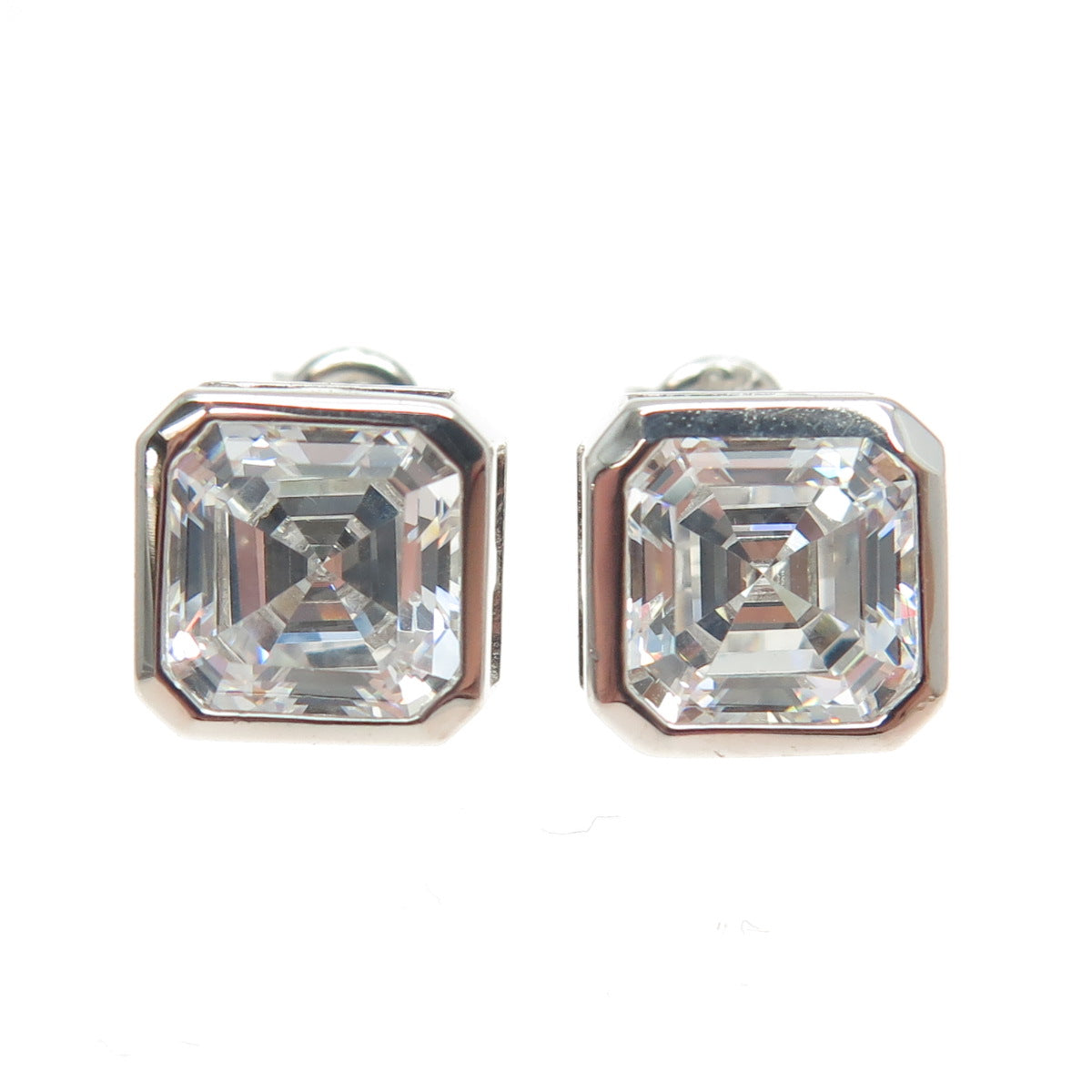 925 Sterling Silver Asscher-Cut C Z Stud Earrings