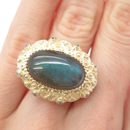925 Sterling Silver Gold Plated Real Labradorite & C Z Ring Size 5.25