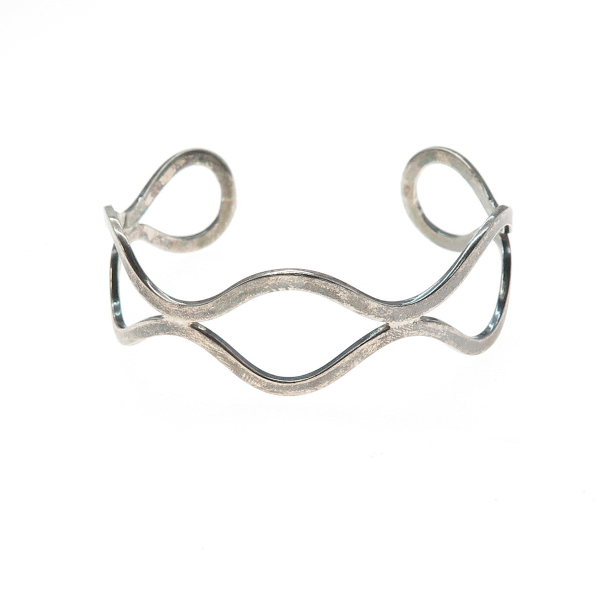925 Sterling Silver Vintage Modernist Wavy Oxidized Adjustable Cuff Bracelet 7"