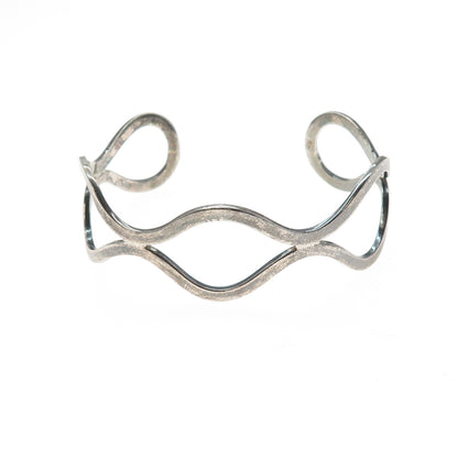 925 Sterling Silver Vintage Modernist Wavy Oxidized Adjustable Cuff Bracelet 7"