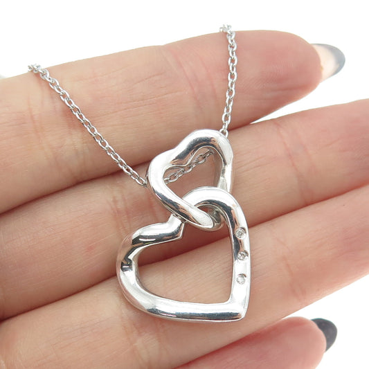 925 Sterling Silver Real Round-Cut Diamond Loving Heart Chain Necklace 16-18"