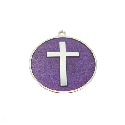 Tokemoti 925 Sterling Silver Purple Enamel Cross Round Tag Minimalist Pendant