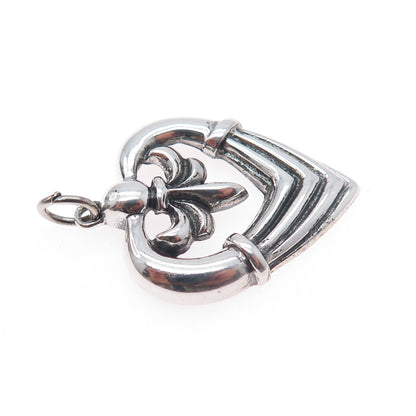 925 Sterling Silver Vintage Fleur de Lis Heart Oxidized Charm Pendant