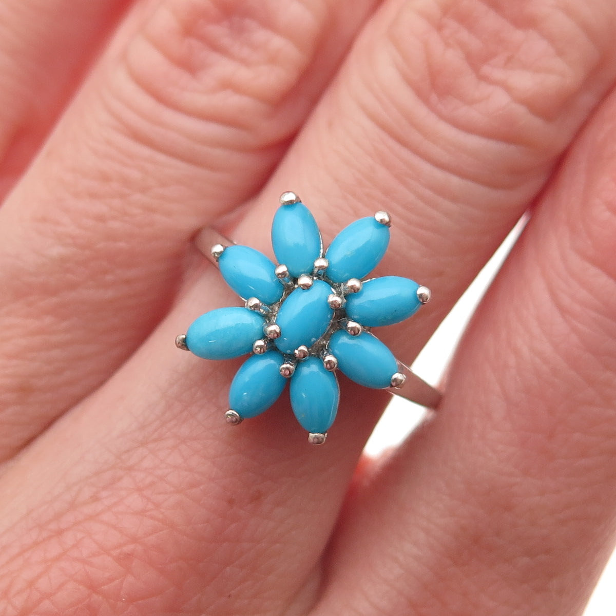 Chuck Clemency Sterling Silver Real Sleeping Beauty Turquoise Floral Ring Size 8