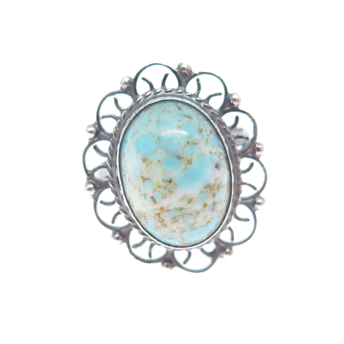 925 Sterling Silver Vintage Faux Turquoise Flower Oxidized Ring Size 5.5
