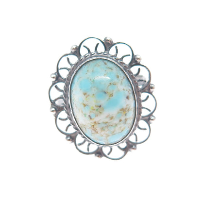 925 Sterling Silver Vintage Faux Turquoise Flower Oxidized Ring Size 5.5