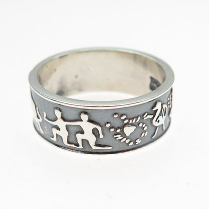 925 Sterling Silver Vintage Mexico Zodiac Calendar Oxidized Band Ring Size 11.75