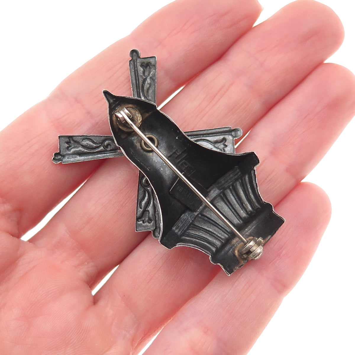 Lang 925 Sterling Silver Antique Art Deco Windmill Oxidized Pin Brooch