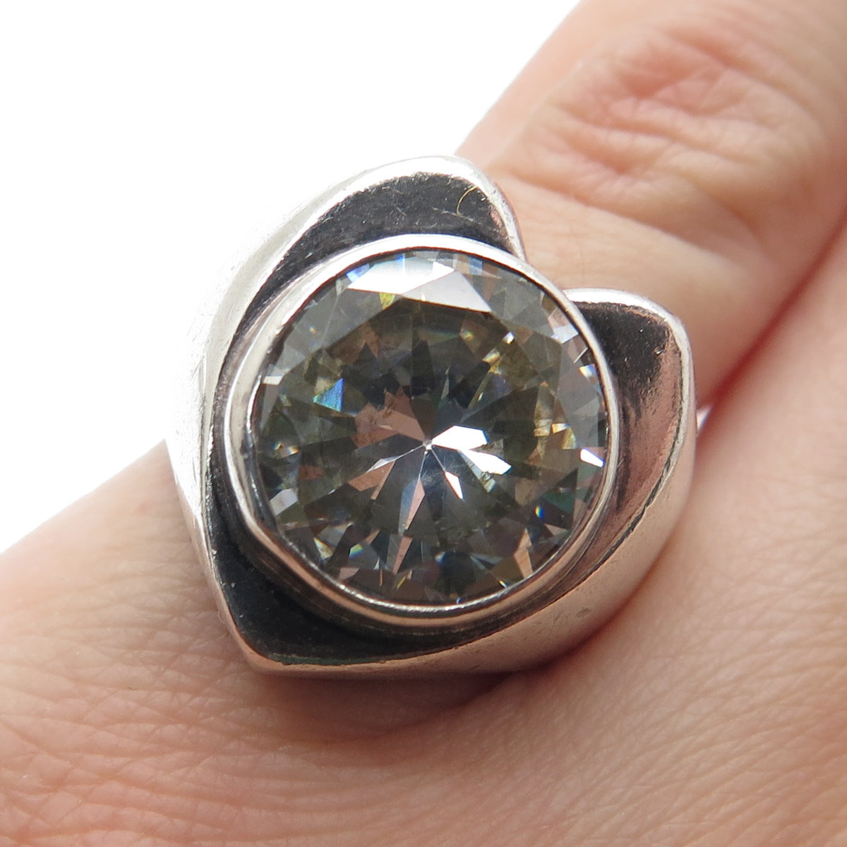 925 Sterling Silver Vintage Mexico Round-Cut C Z Modernist Heart Ring Size 6.5
