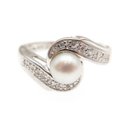925 Sterling Silver Vintage Real Pearl & C Z Bypass Ring Size 5