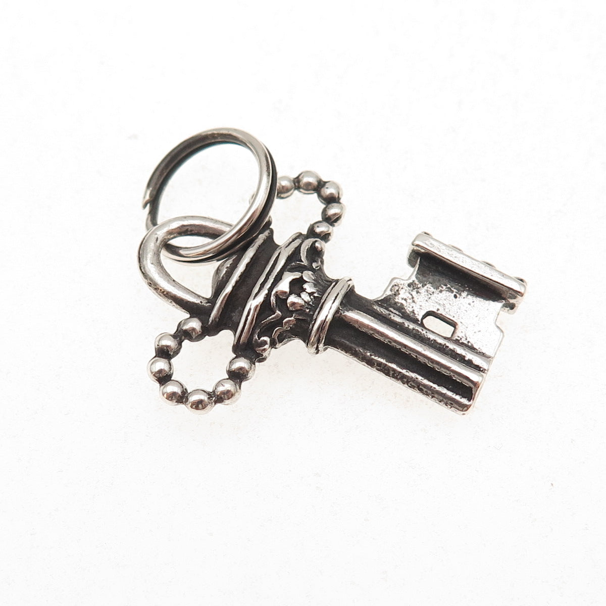 925 Sterling Silver Antique Art Deco Floral Key Oxidized Charm Pendant