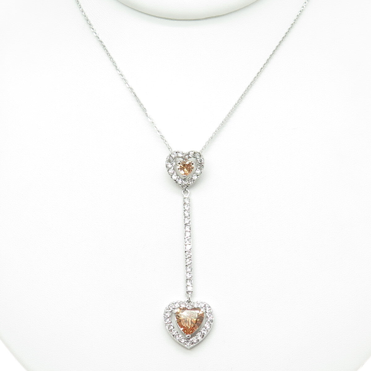 925 Sterling Silver Heart & Round-Cut Champagne White C Z Chain Necklace 18"