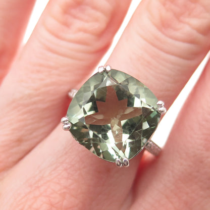 925 Sterling Silver Real Cushion-Cut Green Amethyst Ring Size 7