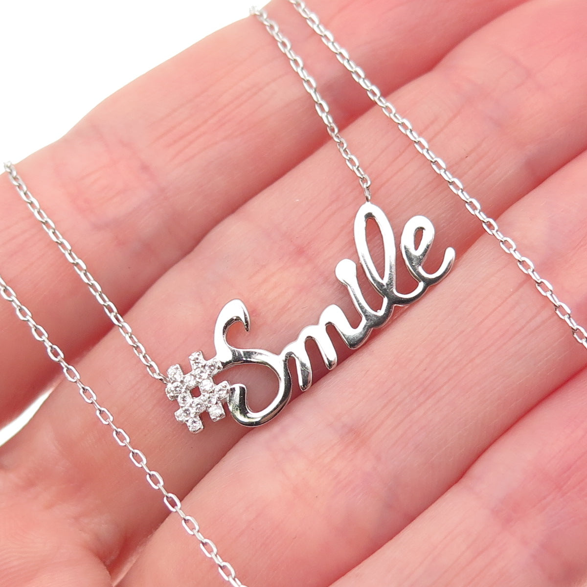 925 Sterling Silver Round-Cut C Z #Smile Cable Chain Necklace 16-18"