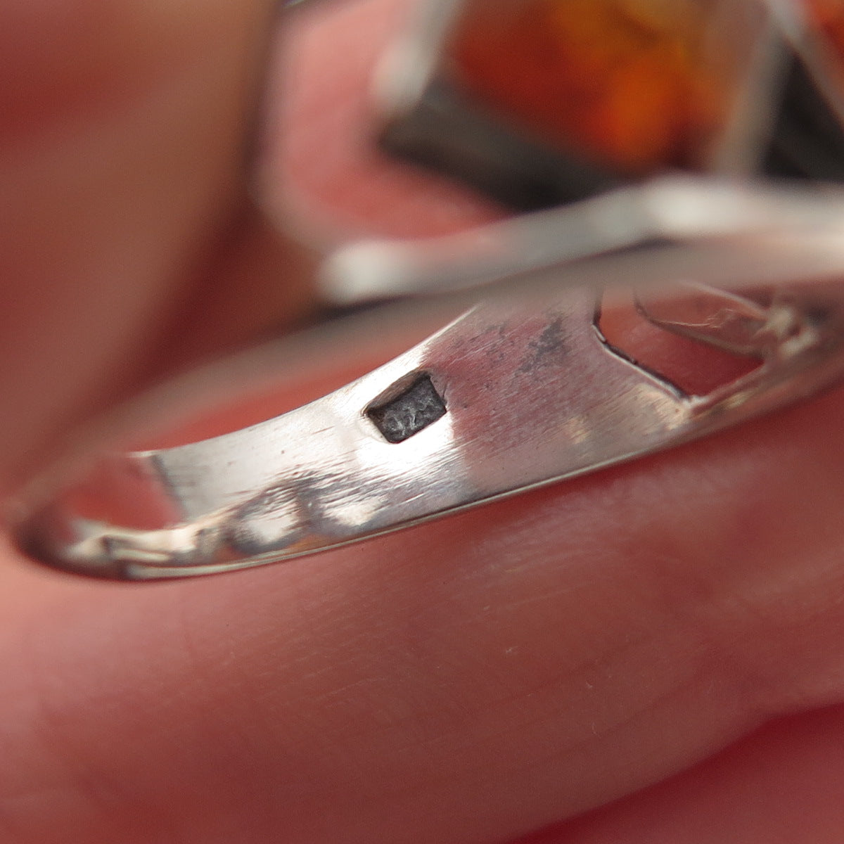 925 Sterling Silver Vintage Poland Real Amber Oxidized Ring Size 7.5