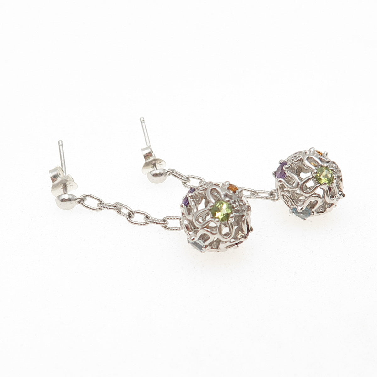 925 Sterling Real Amethyst Topaz Peridot Citrine & Garnet Ball Dangle Earrings