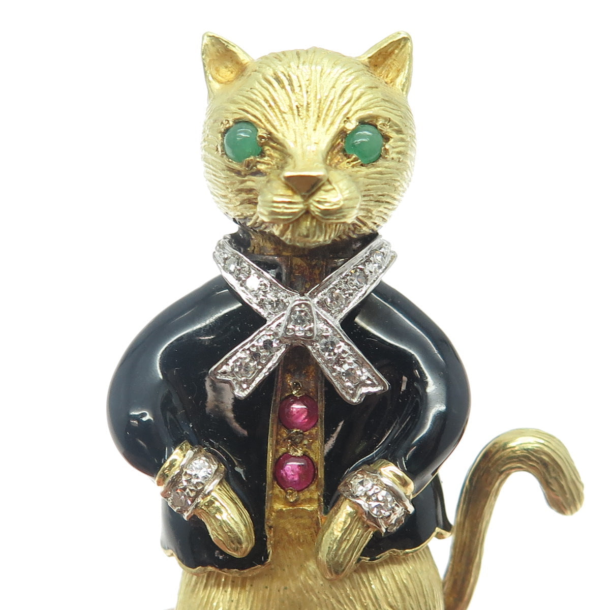 18K Yellow Gold Vintage Enamel Real 0.30ct Diamond Emerald & Ruby Cat Pin Brooch