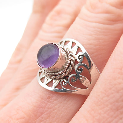 925 Sterling Silver Vintage Real Amethyst Modernist Sun Ring Size 7.75