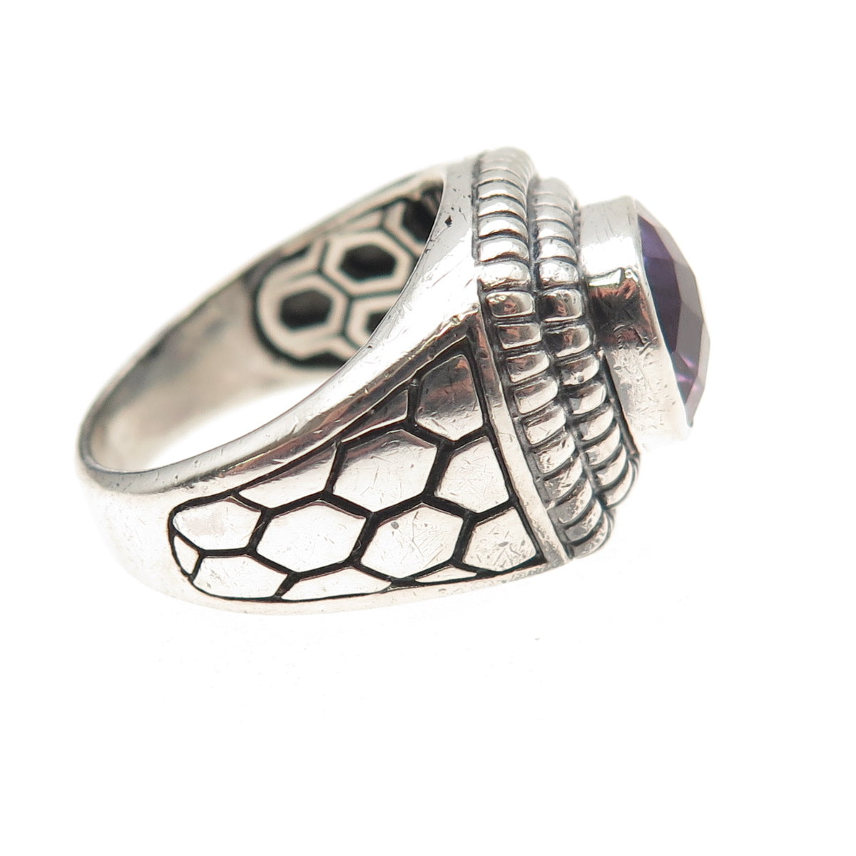 925 Sterling Silver Vintage Real Amethyst Honey Comb Oxidized Ring Size 7.25