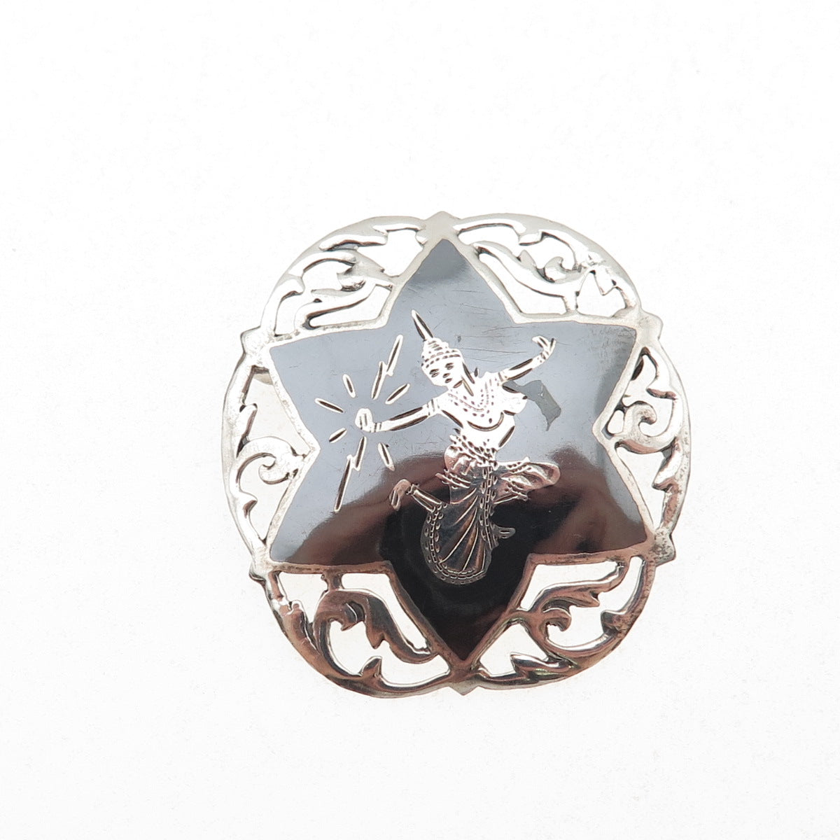 925 Sterling Silver Antique Siam Niello Hindu Goddess Oxidized Pin Brooch