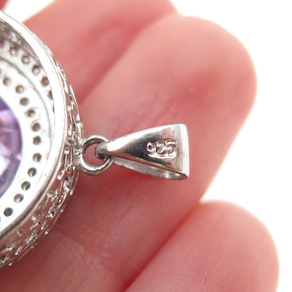 925 Sterling Silver Round-Cut Lavender & White C Z Charm Pendant