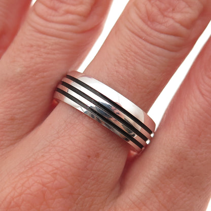 925 Sterling Silver Vintage Lined Oxidized Band Ring Size 10.25