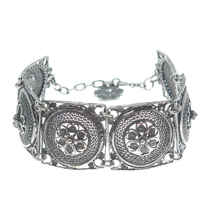 925 Sterling Silver Antique Flower Filigree Panel Link Oxidized Bracelet 7-8"