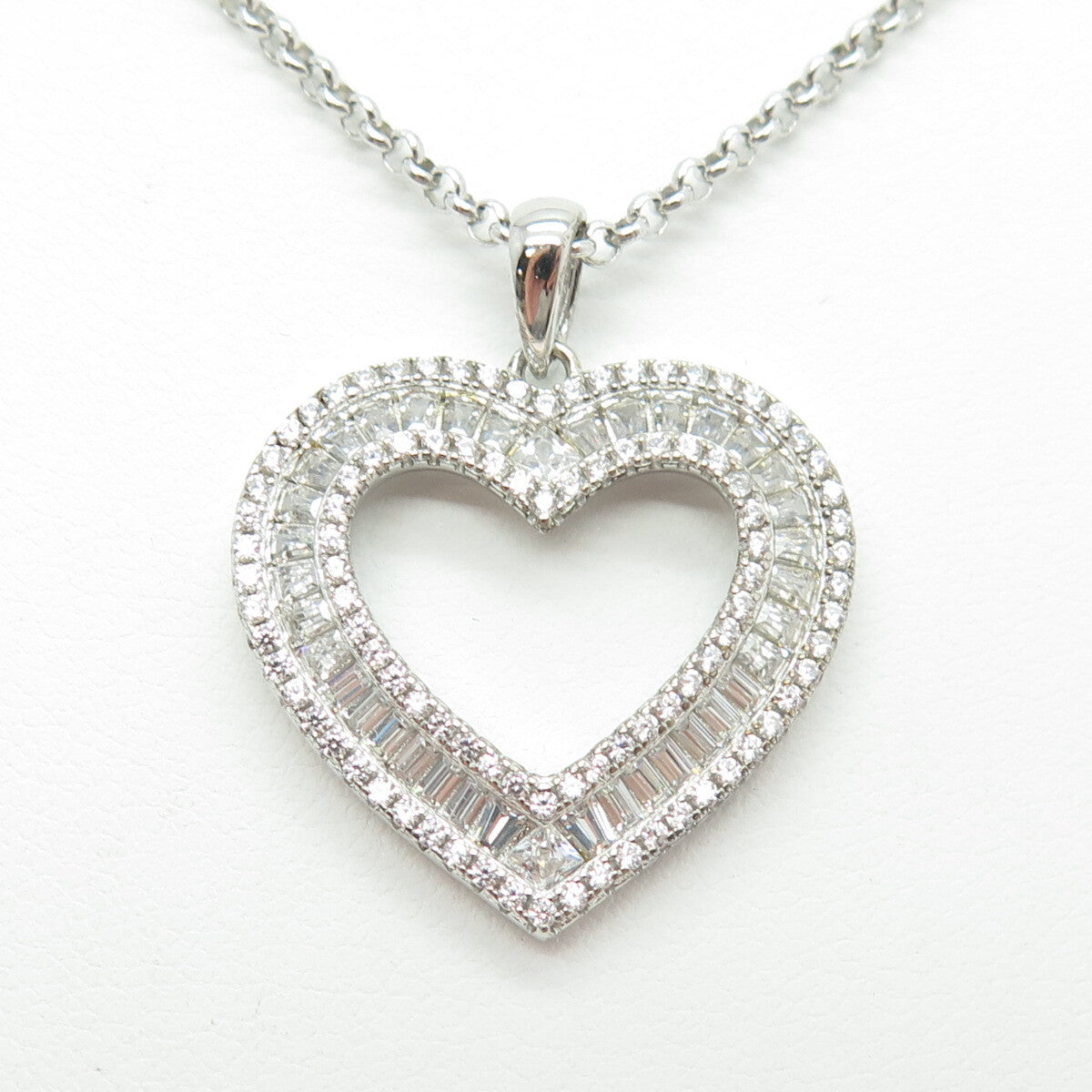 925 Sterling Silver Italy Round & Tapered Baguette-Cut C Z Heart Necklace 16"