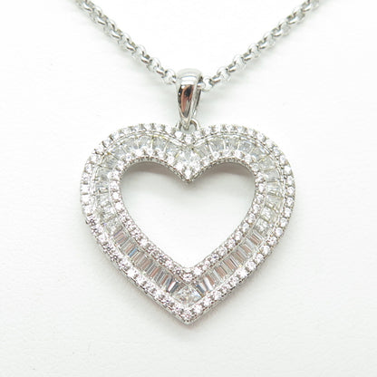 925 Sterling Silver Italy Round & Tapered Baguette-Cut C Z Heart Necklace 16"
