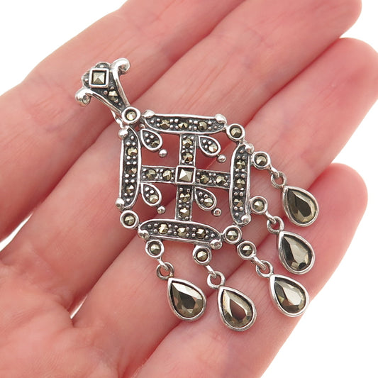 925 Sterling Silver Vintage Real Marcasite Chandelier Oxidized Charm Pendant