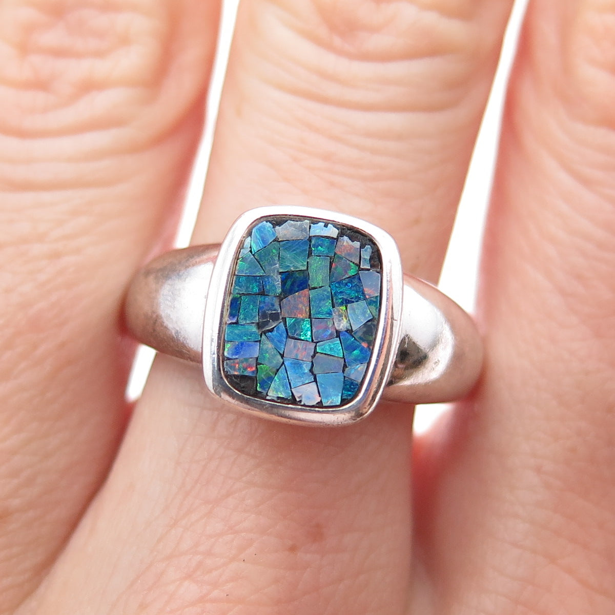 MICHELLE ALBALA 925 Sterling Silver Vintage Real Opal Inlay Ring Size 8
