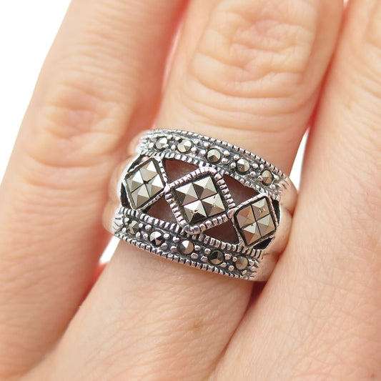 925 Sterling Silver Vintage Real Marcasite Art Deco Style Oxidized Ring Size 6