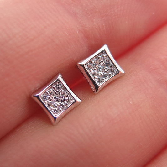 925 Sterling Silver Real Round-Cut White Topaz Square Stud Earrings